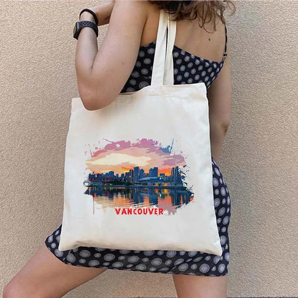 Toronto Canada Vancouver City Sights Watercolor Ink Painting Shoulder Canvas Cotton Tote Bags Reusable Harajuku Shopper Handbags