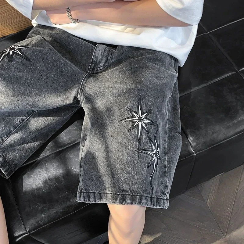 Loose Long Men\'s Short Jeans Pants Bermuda with Pockets Male Denim Shorts Gray Baggy Half Wide Jorts Cut Thin Vintage Distressed