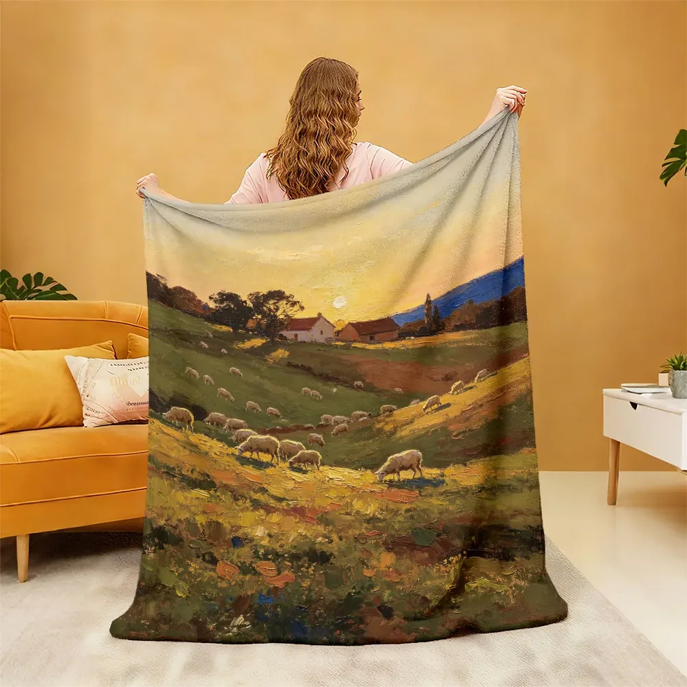 Vintage Pastoral Sheep Farm Landscape Throw Blanket Cozy Rustic Farmhouse Decor Gift for Home 150x200cm