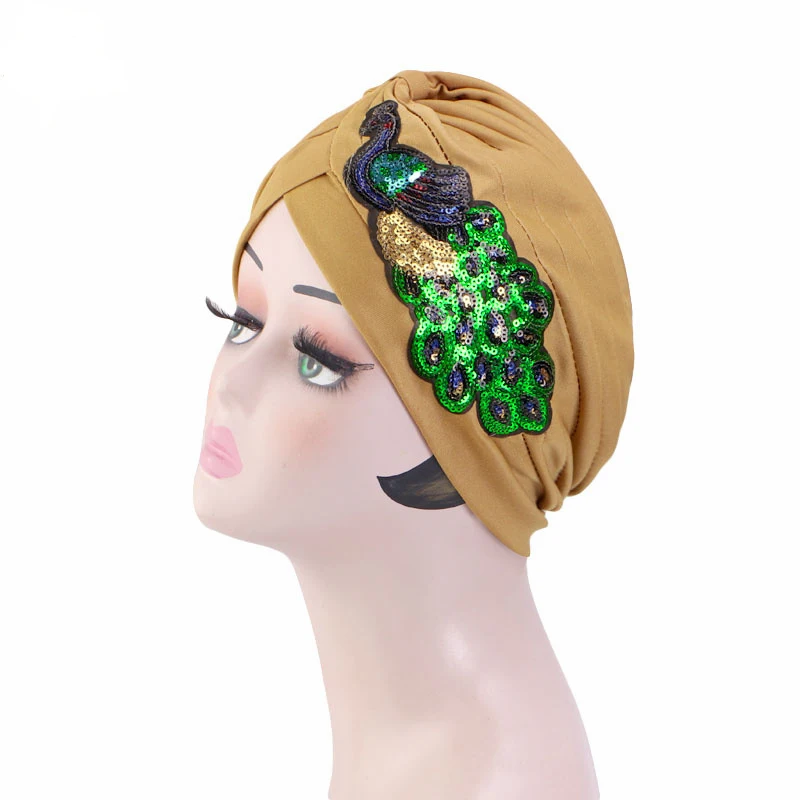 Donne indiane Hijab musulmano pavone paillettes chemio Cap Strech Underscarf Bonnet pieghettato perdita di capelli cappello turbante berretti foulard