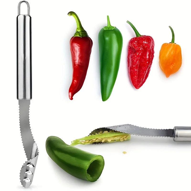 Upgraded Kitchen Pepper Seed Remover and De-seeder, Multi-Functional, Toothed, Stainless Steel