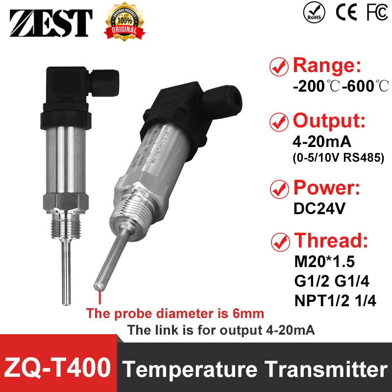 

PT100 Temperature Transmitter -200-600C Temperature Detection 4-20mA Output 24VDC RTD Temperature Probe Transducer