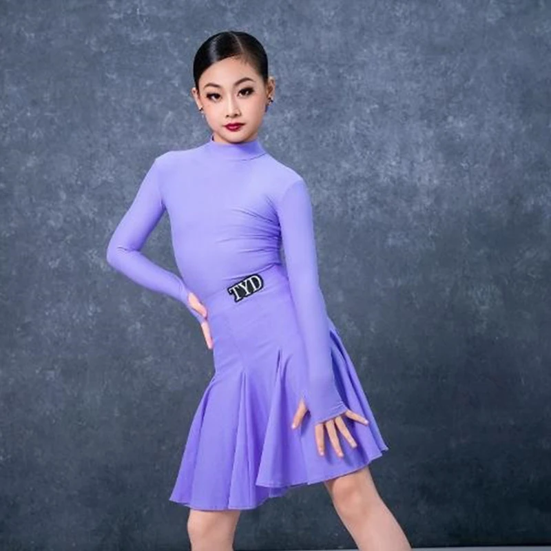 Costume da competizione di ballo latino per bambini, set lungo viola da ragazza, manica lunga, tango, valzer, samba, abbigliamento per spettacoli di danza VBH1104