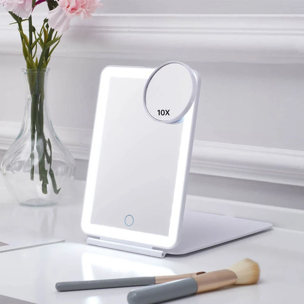 Espejo de maquillaje plegable con pantalla táctil LED, espejo cosmético con modo de luz de 3 colores, recargable por USB, para mesa