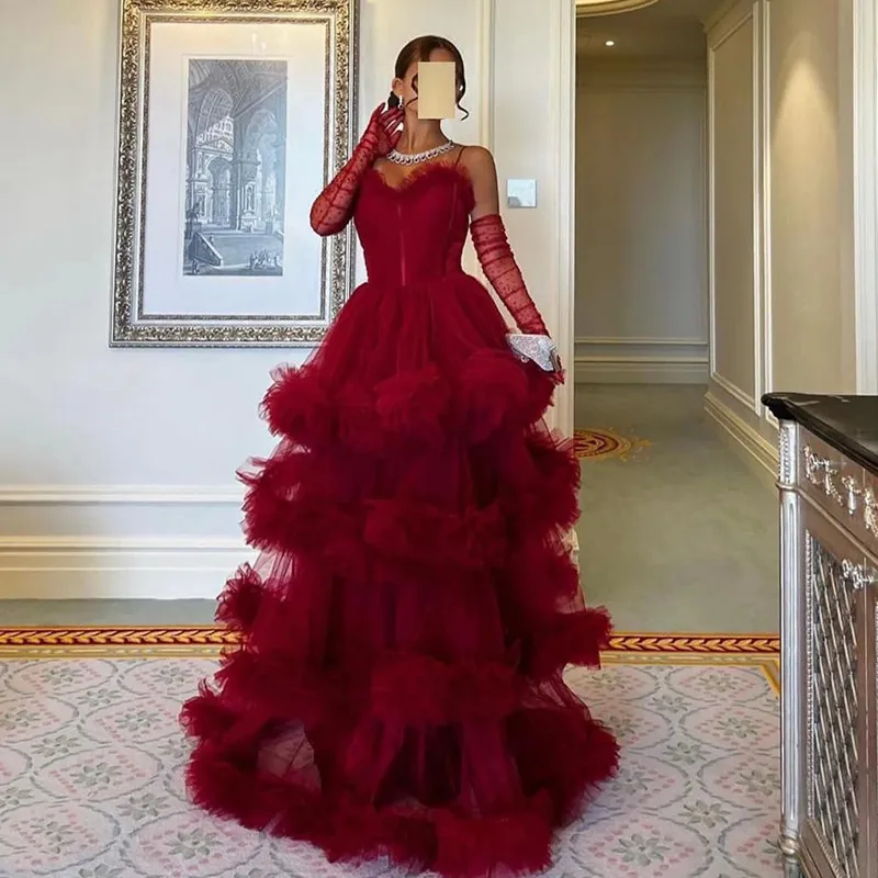 

Modern A-Line Red Tulle Evening Dress Simple Sleeveless Strapless Spaghetti Straps Tiered Gowns Sexy Backless Lace Up Customized