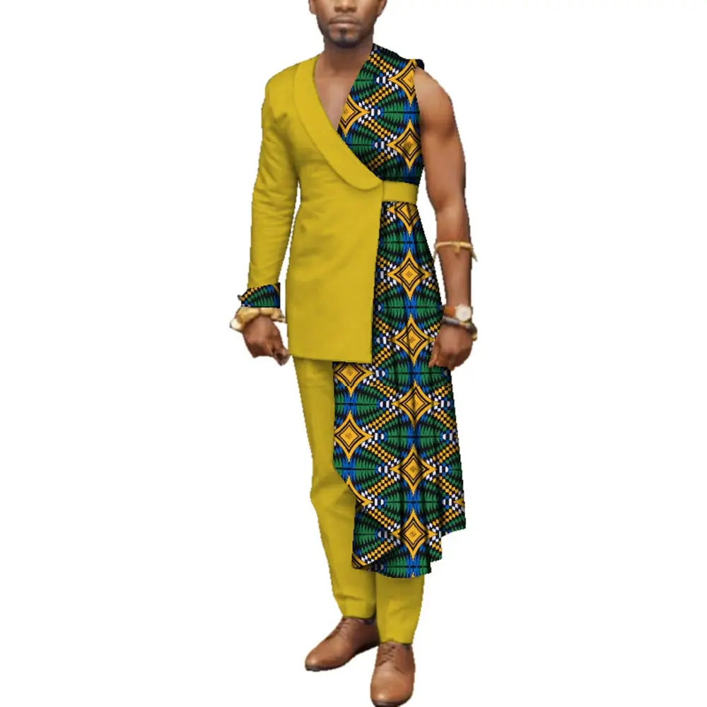 Men Bazin Riche Patchwork One-Shoulder Top and Pants Cotton 2 Pieces Pants Sets Special Custom Mens African Clothing WYN497