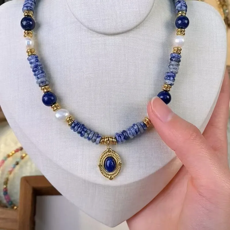 

Bohemia Style Trendy lapis lazuli Stone Natural Freshwater Pearl 14K Gold Filled Female Pendant Necklace Jewelry Women Gifts