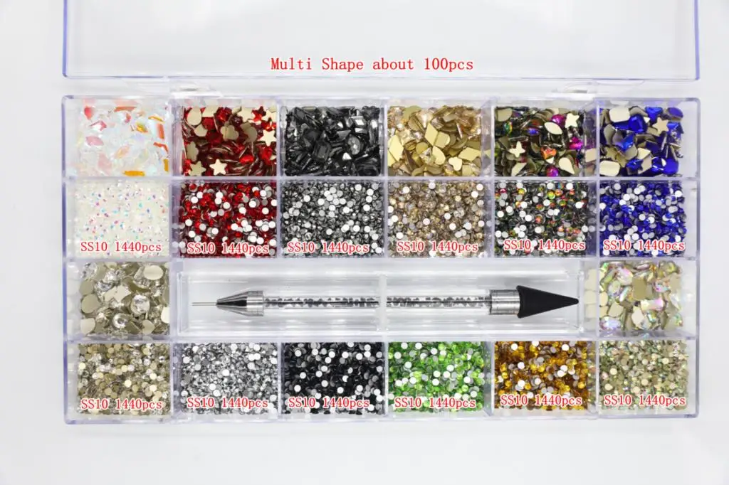 Mixed AB Glass Crystal AB Diamond In 21 Grids Shape And SS4-SS20 Flatback Nail Art Rhinestone Decorations Set With 1 Pick Up Pen