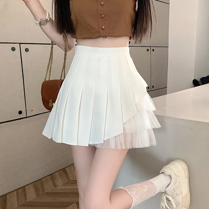 

Irregular Mesh Stitching Pleated Skirt Sweet Fashion High-Waisted Mini Skirt Korean Version Solid Color Hottie Preppy Style Y2k