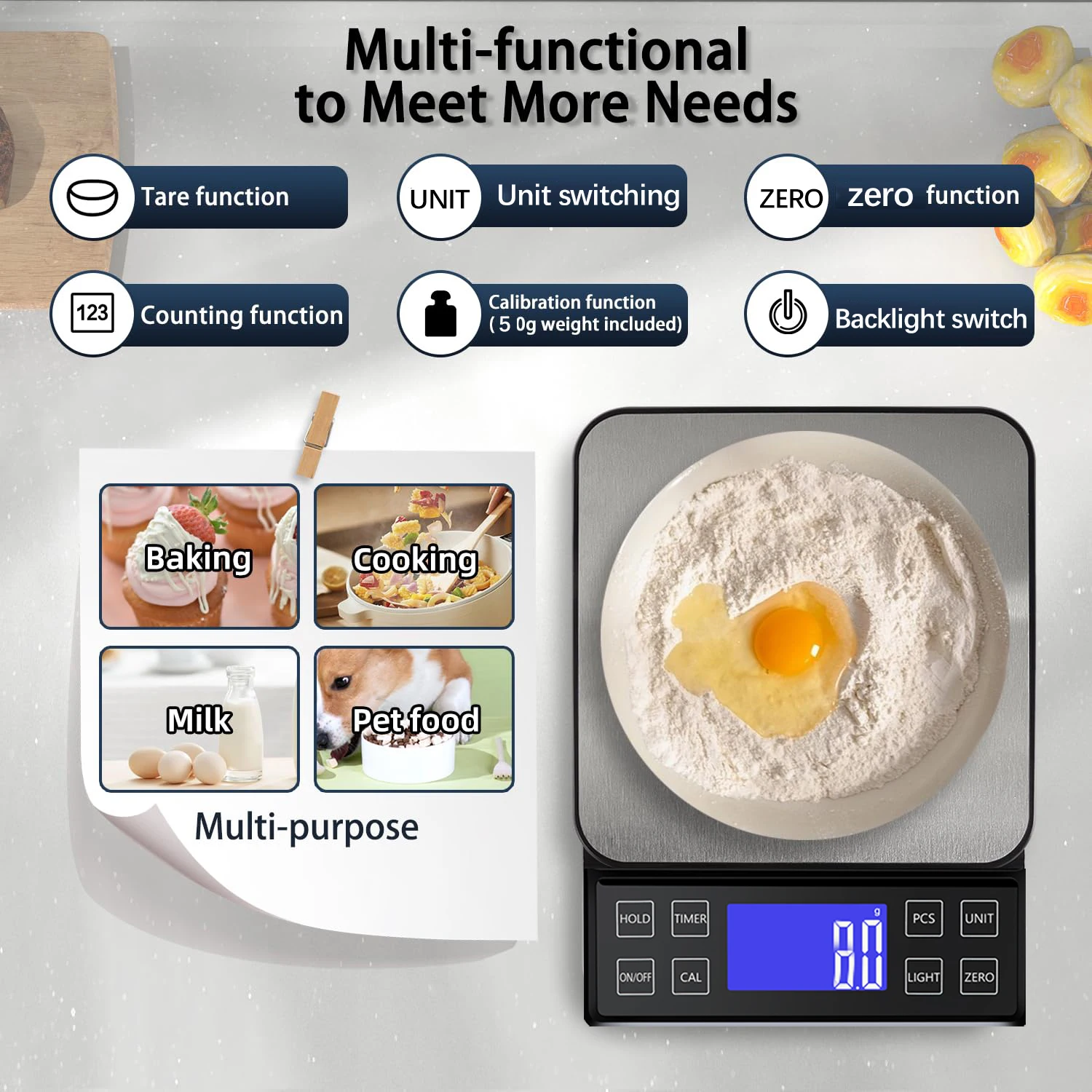 3kg/5kg/10kg 0.1g Kitchen Scale Electronic Digital Scale with 50g Weights and Pan Household Waterproof Balance for Food weighing