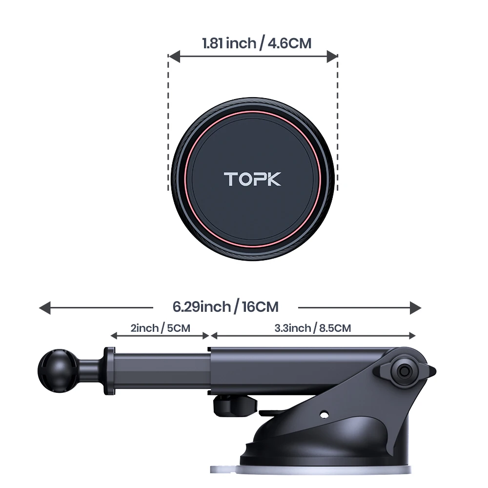 TOPK Magnetische Auto-Handyhalterung für Windschutzscheibe und Armaturenbrett, [Starke Saugkraft], verstellbarer langer Arm für Mobiltelefone – Detail 9