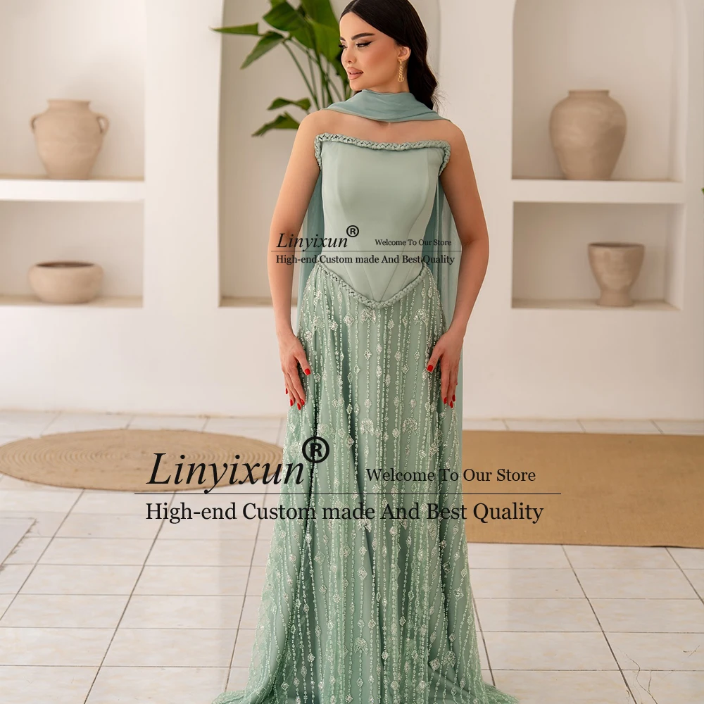 

Elegant Beading Crystal Prom Dresses Women Straight Evening Party Long Gowns with Cape Sleeveless Customized فساتين الي
