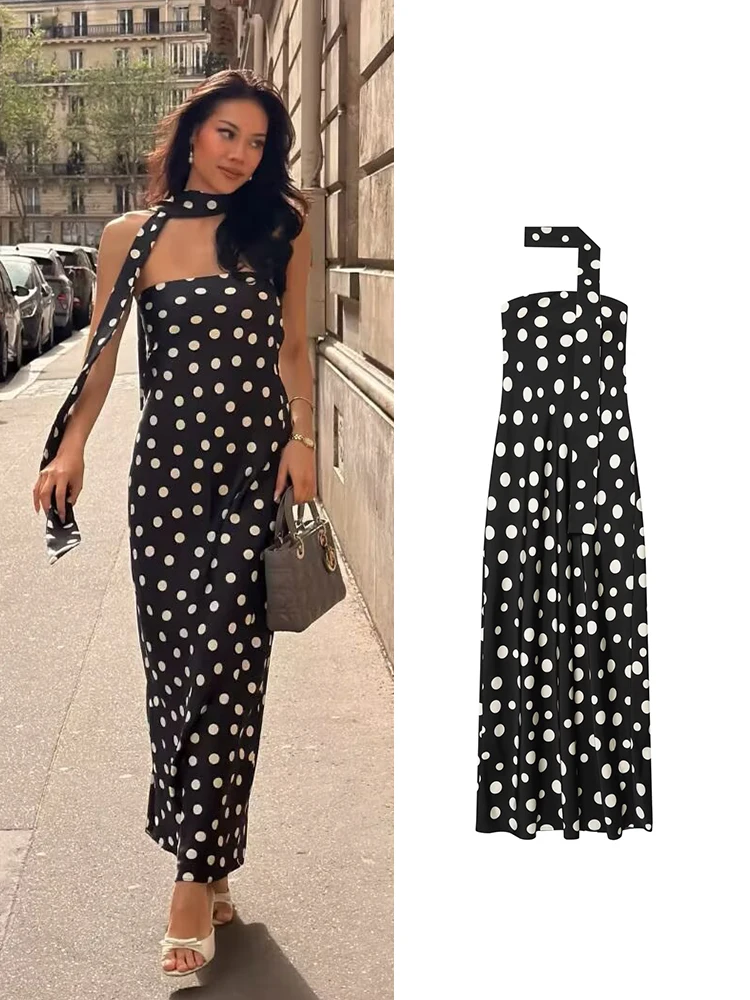 TFMLN Neues Damen-Sommerkleid, elegant, rückenfrei, gepunktet, ärmellos, trägerlos, langes Kleid mit Schal, modisches Strand-Outfit