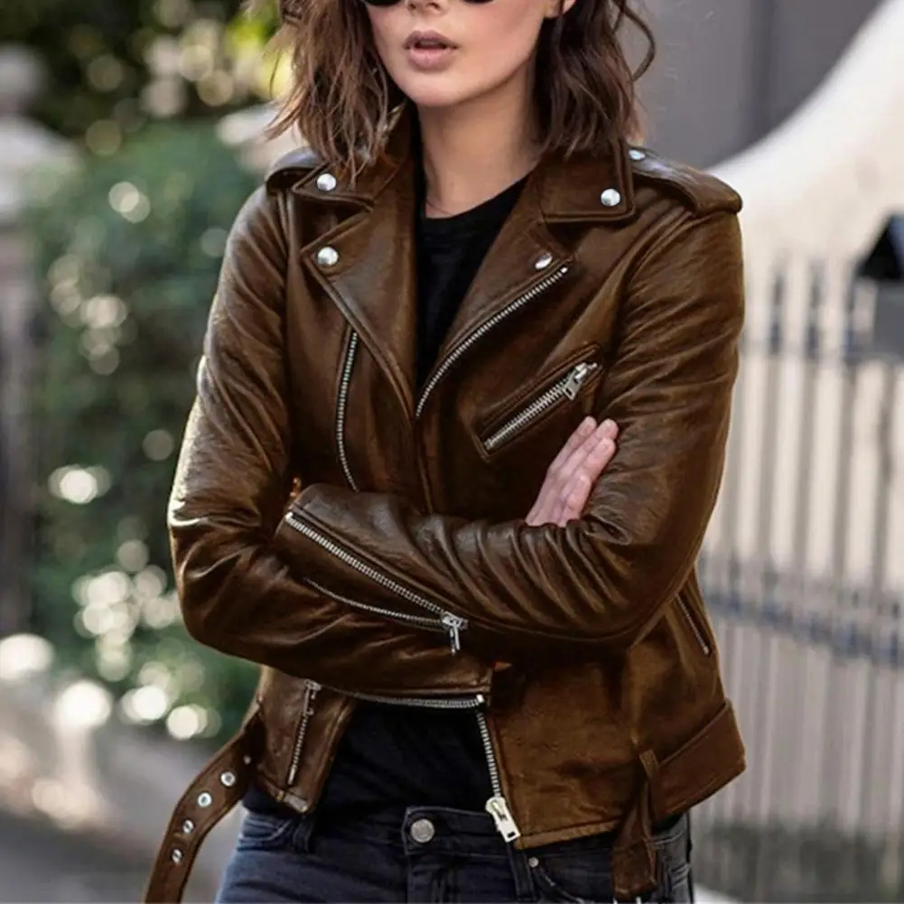 Autumn Jacket Streetwear Faux Leather Coat Lady Buttons  Simple Turndown Collar Belt Jacket