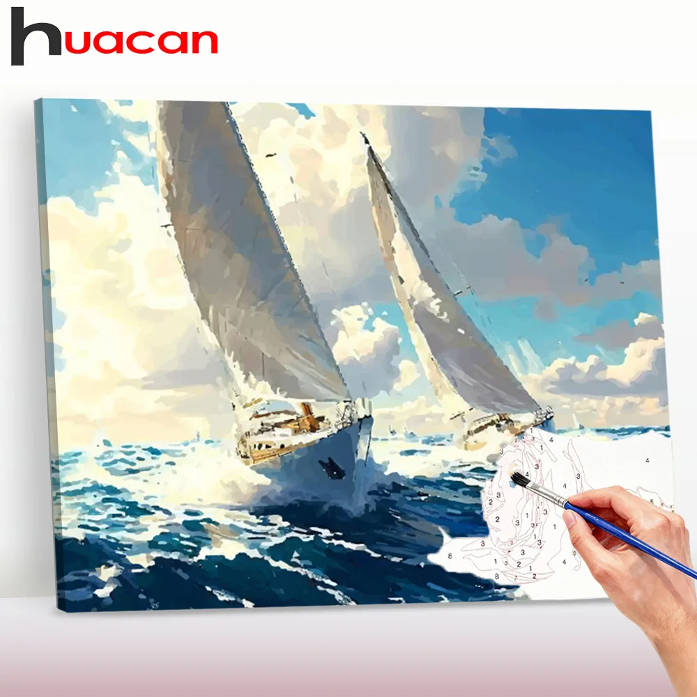 Huacan DIY Malen nach Zahlen Segelboot-Landschafts-Set Malen nach Zahlen Moderne Zeichnung auf Leinwand Handgemalte Kunst Geschenk ﻿ ﻿ ﻿