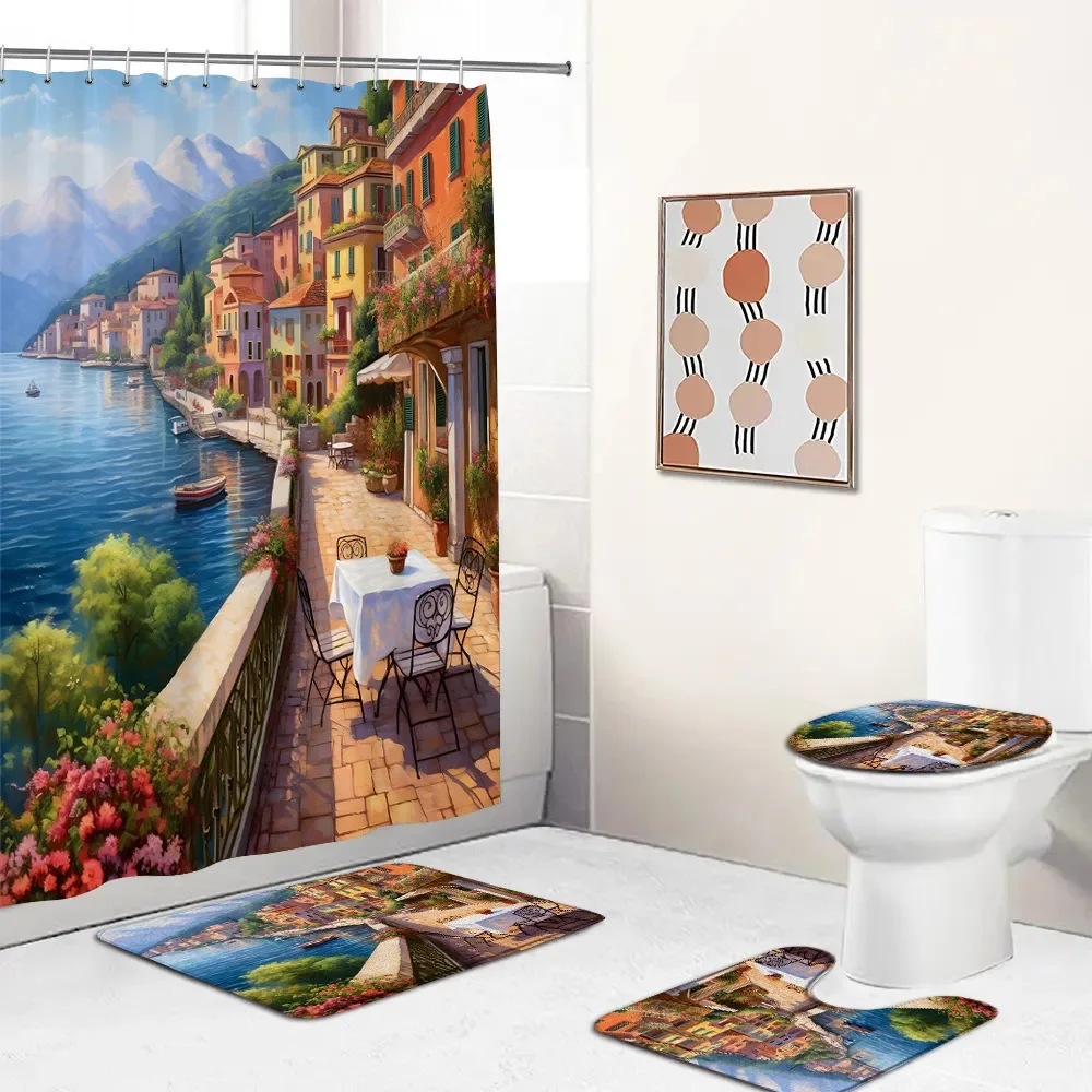 European Cityscape Shower Curtain Set Oil Painting Europe Street View Eiffel Tower Cafe Shop Modern Bath Mat Toilet Lid Cover