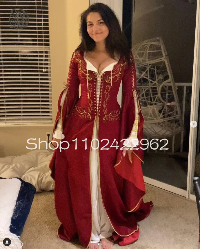 Burgundy Mediveal Fairy Cosplay Evening Occasion Dresses with Long Sleeve Gold Embroidery Bustle Corset Halloween Prom Gowns