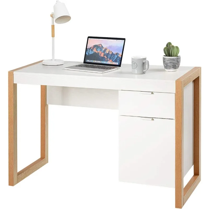 

White Desks with Drawer & Cabinet, Wooden Home Office Desk, PC Laptop Workstation Study Writing Table