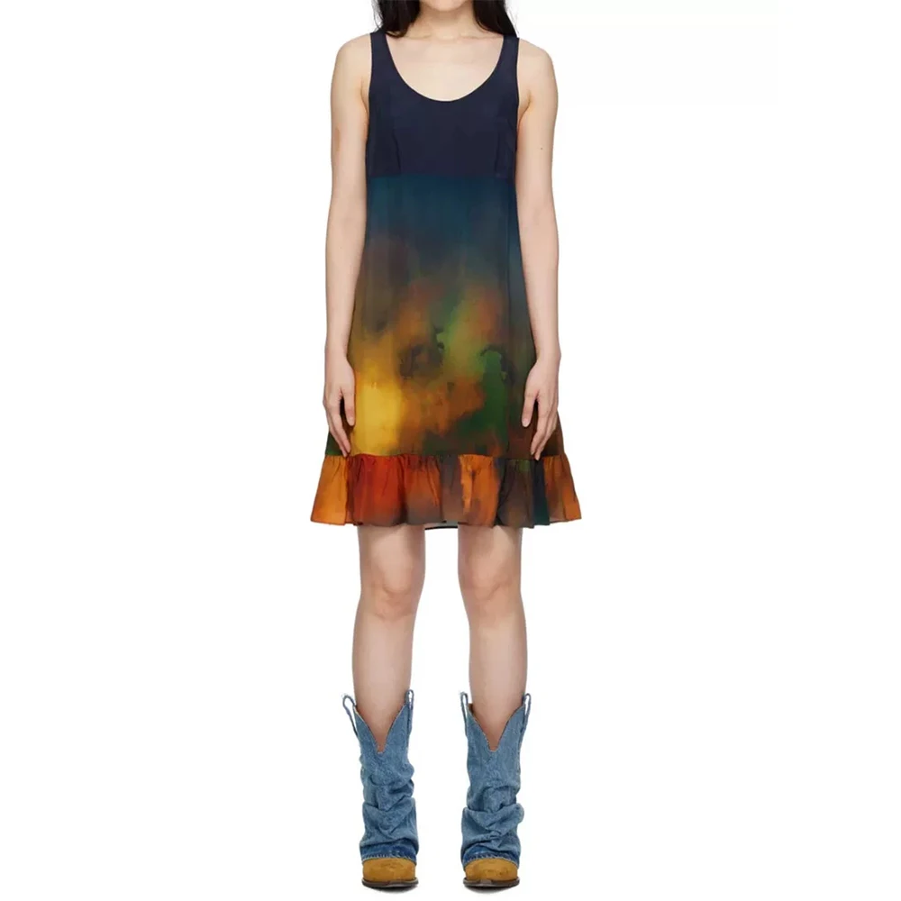 

Women's Tie-Dye Printed Dress, Ruffle Hem, Temperament Commuter, Elegant Peplum, Round Neck, Sleeveless, New, Fall, Y2k, 2024