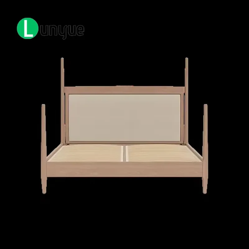 Mid Century Modern Super King Four Poster Bed Hand Carved Brushed Oak Frame Fan Shaped Hollow Headboard Elegant Bedroom