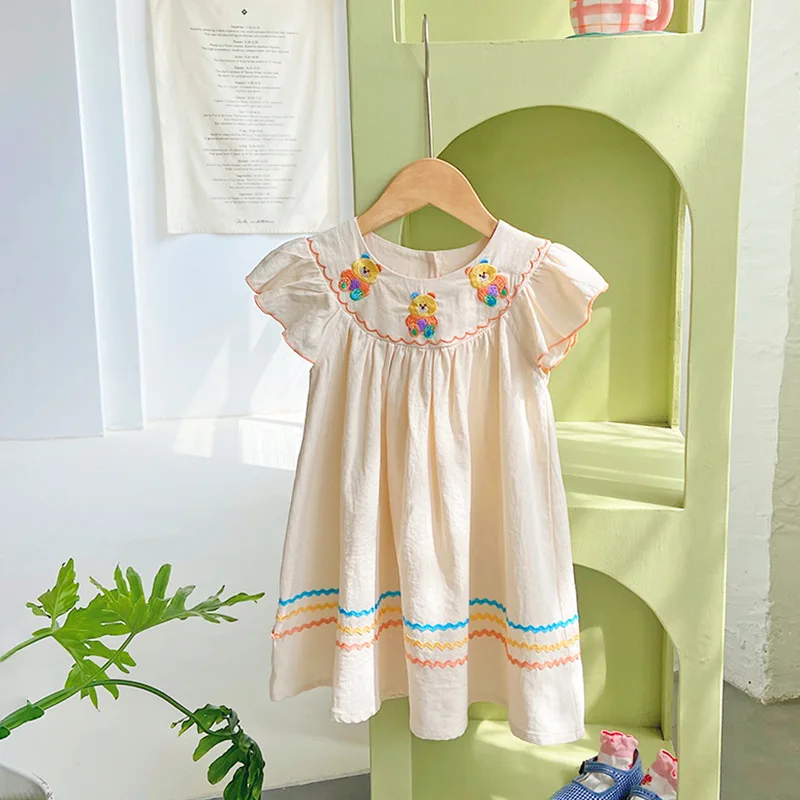 Children's Clothing Rainbow Bear Embroidery Girls Dress 2024 Summer Flounced Sleeve Contrast Color