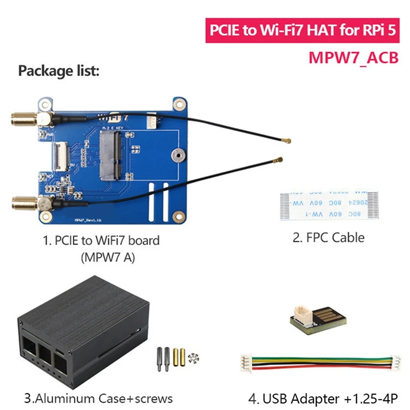 

MPW7ACB + USB-адаптер BT для Raspberry Pi 5, модуль PCIE-M.2 E-Key Wi-Fi 7, BE200, поддержка Google TPU