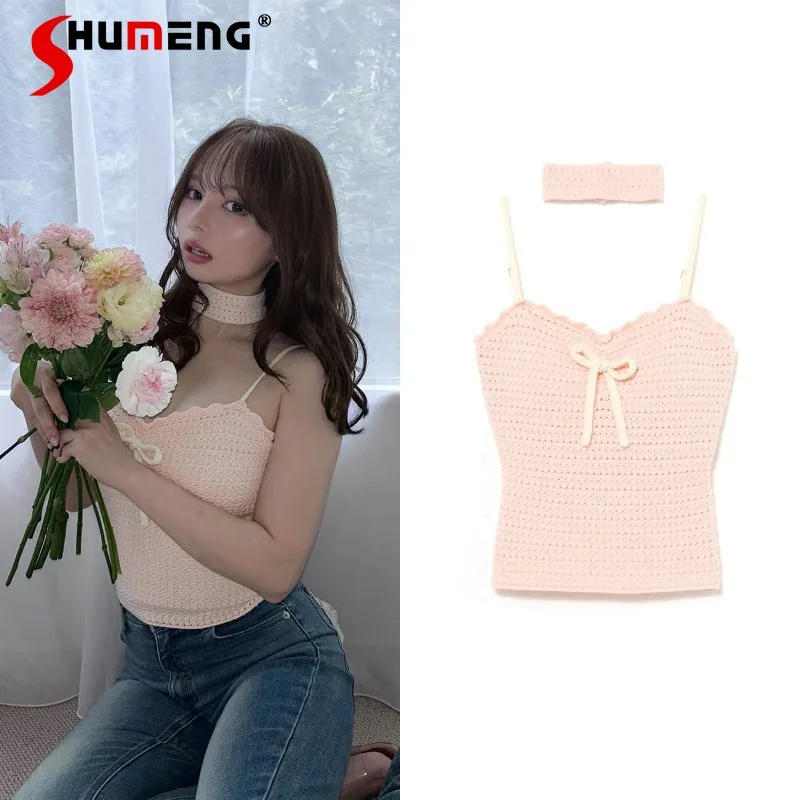 

2025 Summer New Japanese Style Sweet Bow Tie Waist-Cinching Versatile Knitted Camisole For Women's Pink Color Slash Neck Slings