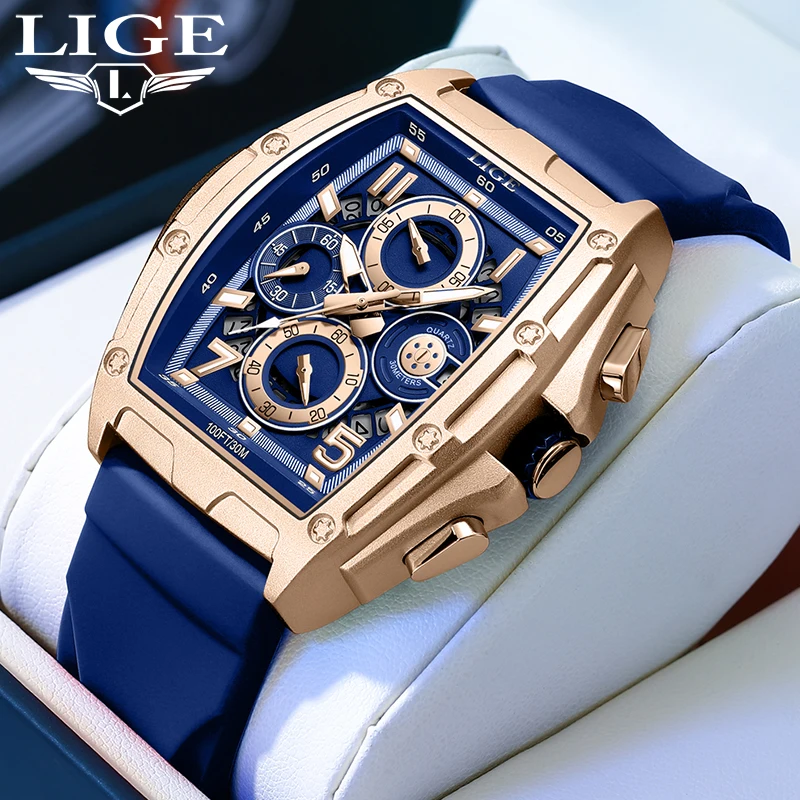 LIGE Square Fashion Simple Quartz Man Watch Luxury Waterproof Watches for Men Silicone Date Military Casual Sport Wristwatch+Box