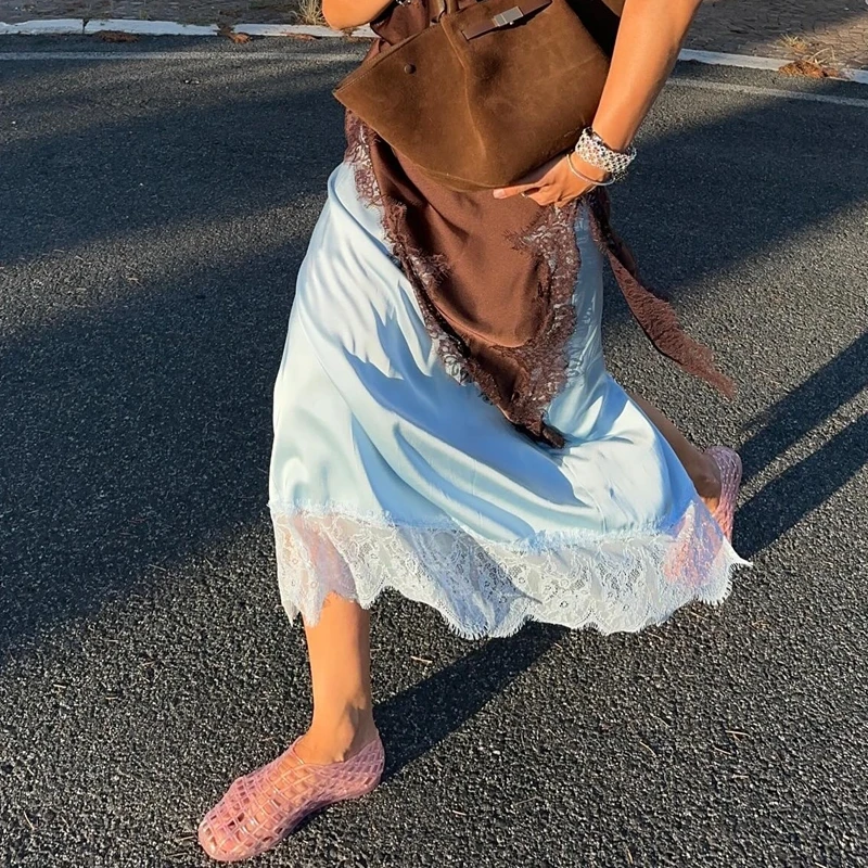 أنيقة الدانتيل المرقعة الساتان تنورة الجنية Coquette المرأة عالية الخصر الحرير ماكسي تنورة شيك موضة مثير سبليت تنورة نادي الطرف #2