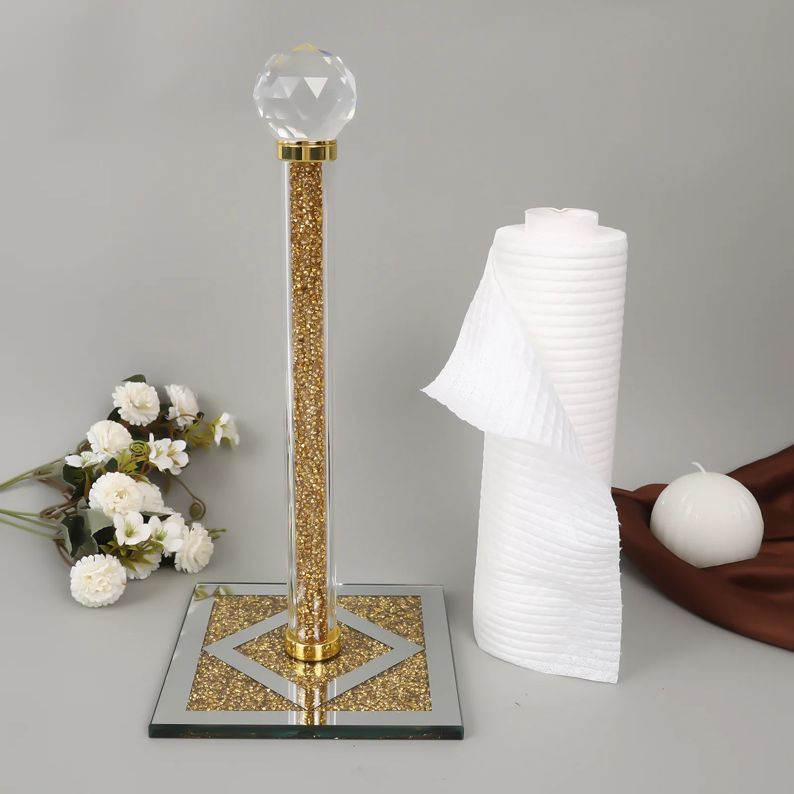

Crystal Paper Towel Holder Stand Countertop Bling Gold Silver Paper Towel Roll Dispenser Holders with Square Base Tissue Holders