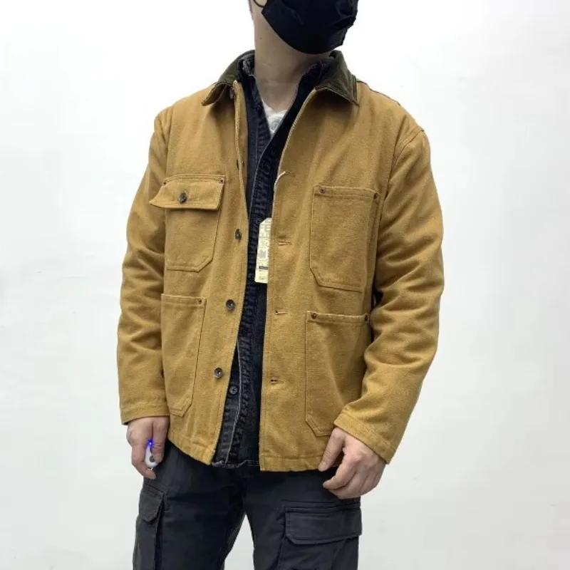 

Men Vintage Jacket 100% Cotton Multi-pocket Turndown Collar Khaki Jackets Fashion Causal Cargo Coat Streetwear lapel Male New