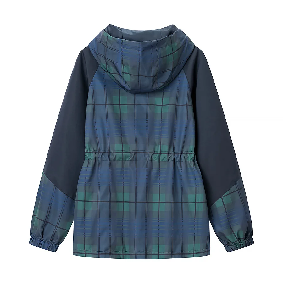 Windbreaker mit Kapuze für Damen, kariert, mit Reißverschluss, Kordelzug in der Taille, lange Ärmel, mit Taschen, marineblau, kurz geschnitten, locker, bequem, weich, schick, Herbst-Windbreaker – Detail 9