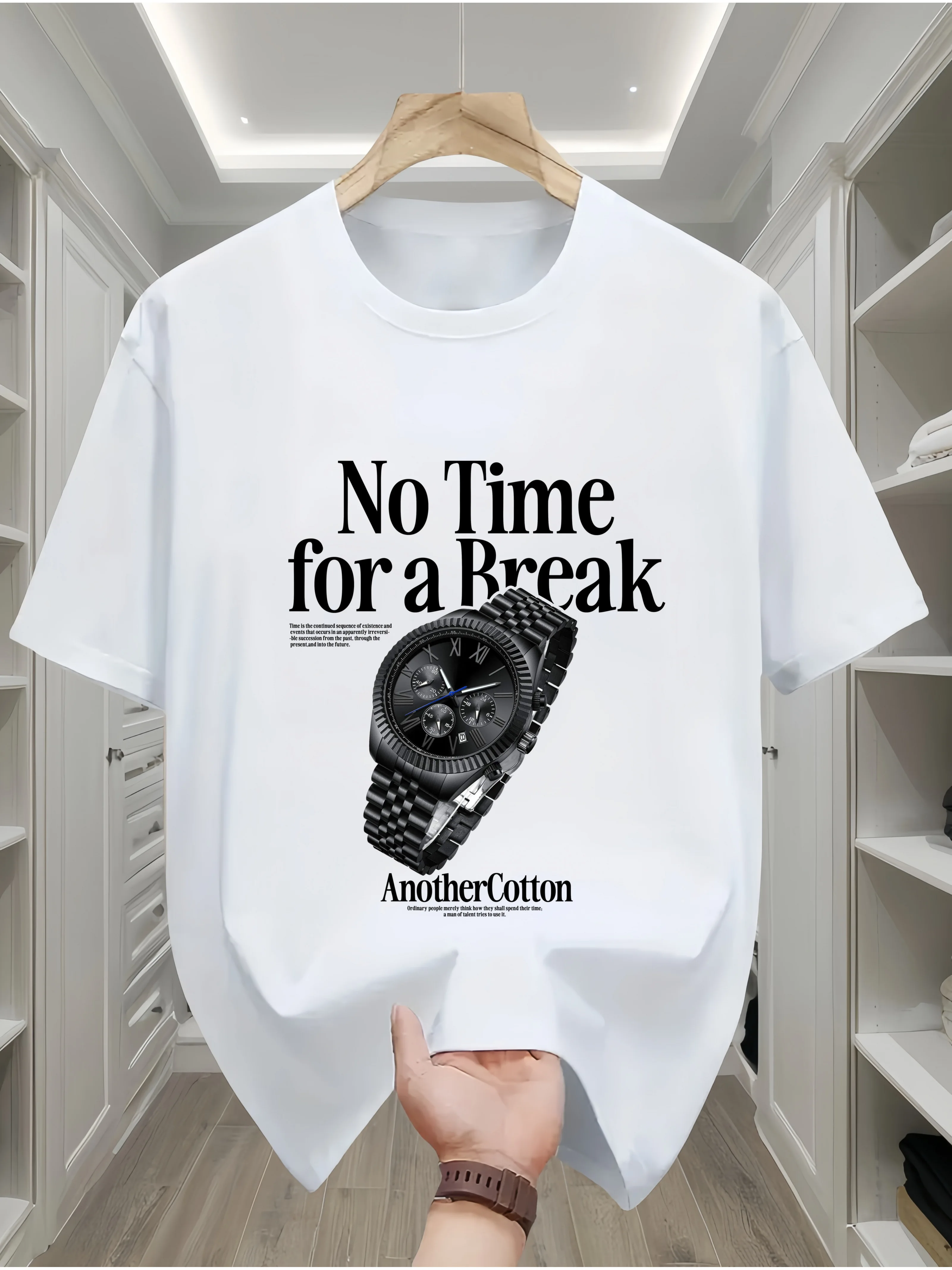 

Men's summer 100 cotton fashionable casual loose watch pattern printed round neck short sleeved T-shirt top