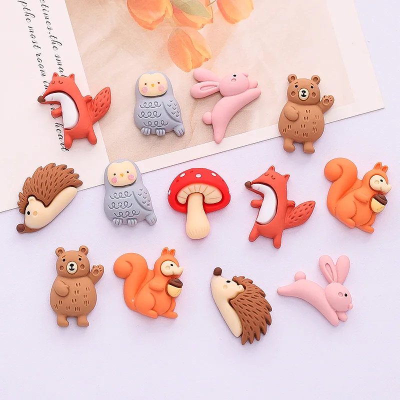 100pcs Kawaii Flatback Resin Cartoon Animal Owl Hedgehog Squirrel Decor Crafts DIY Scrapbook Jewelry Making Phone Case Accessory