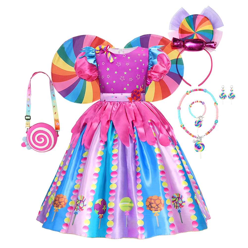 Rainbow Lollipop Girls Dress Sweet Purim Festival Celebrate Costume Fancy Carnival Children Vestidos Princess Cosplay Outfits