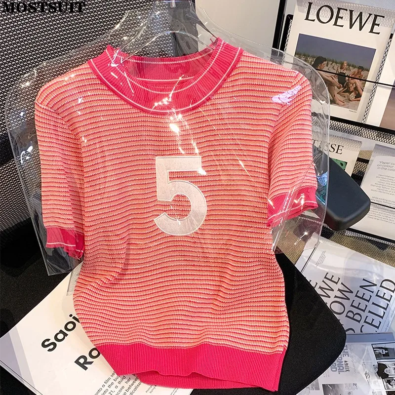 2023 Summer Striped Knitted Sweater Tshirt Women Short Sleeve O-neck Pullover Tops Vintage Fashion Chic Ladies Jumpers Tees