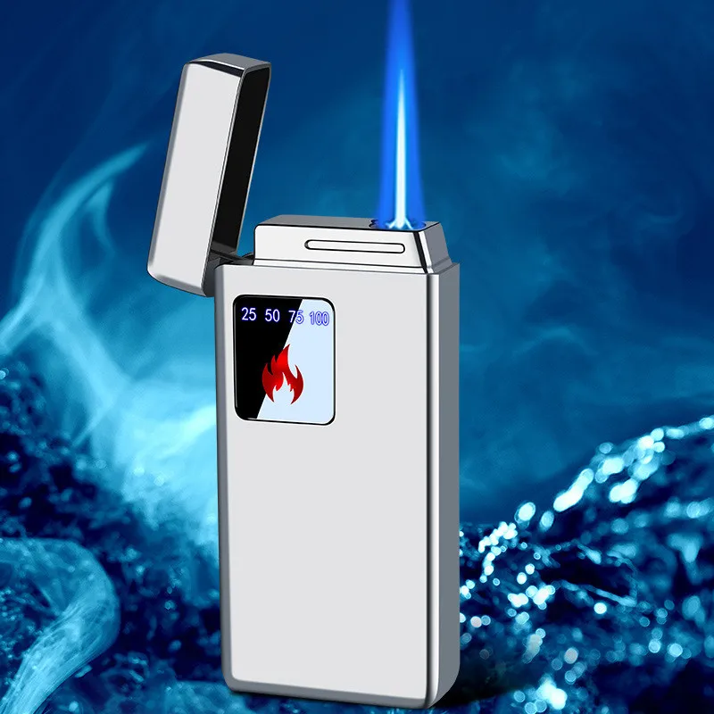 Touch Sensing Metal Outdoor Windproof Electric USB Lighter Turbine Torch Blue Flame Jet Cigar Tool Gas Lighter Battery Display