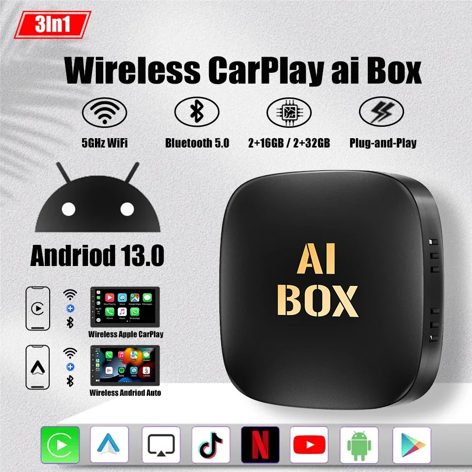 

Android 13 Ai Box Wired to Wireless Carplay Android Auto Adapter Built-in 5GHz WiFi BT5.0 Youtube Nexflit Google Play Car Ai Box