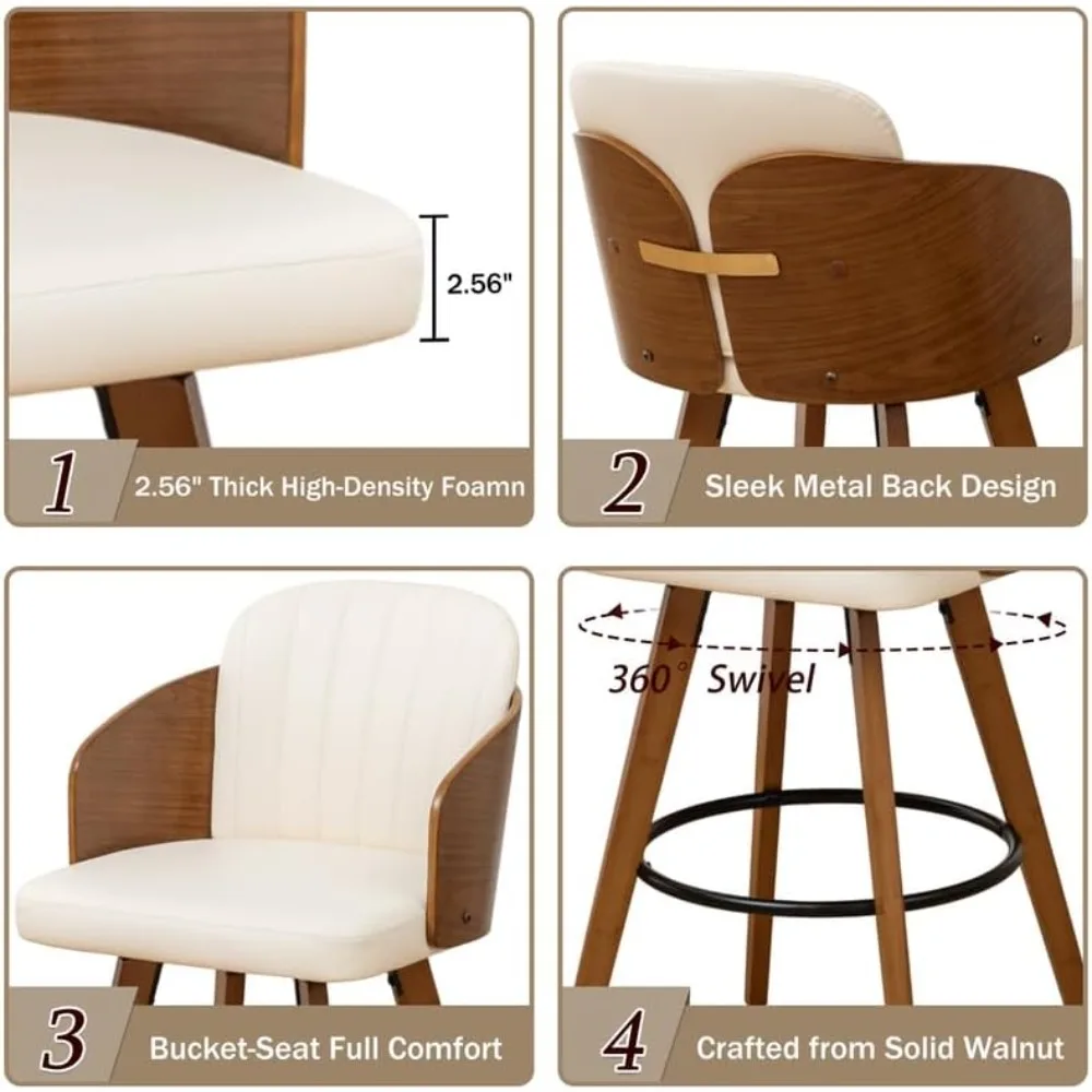 Bartools Juego de 2, Taburetes para mostrador de mediados de siglo de 26 pulgadas con respaldo y brazos de nogal, asiento tapizado para cocina Isla