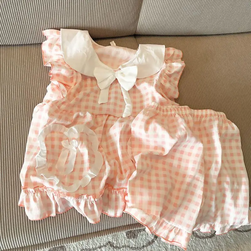 

Пижамный костюм Kawaii, кукольный воротник, японская милая милая клетчатая пижама, женские летние кружевные шорты с короткими рукавами, студенческий комплект домашней одежды