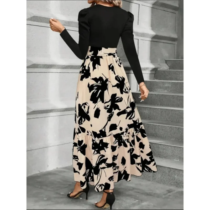 2025 جديد أنيق كتلة اللون فساتين النساء الجولة الرقبة طويلة الأكمام أعلى الأزهار فستان مُزين بطباعة الخريف سيدة حفلة بيت الدب 002