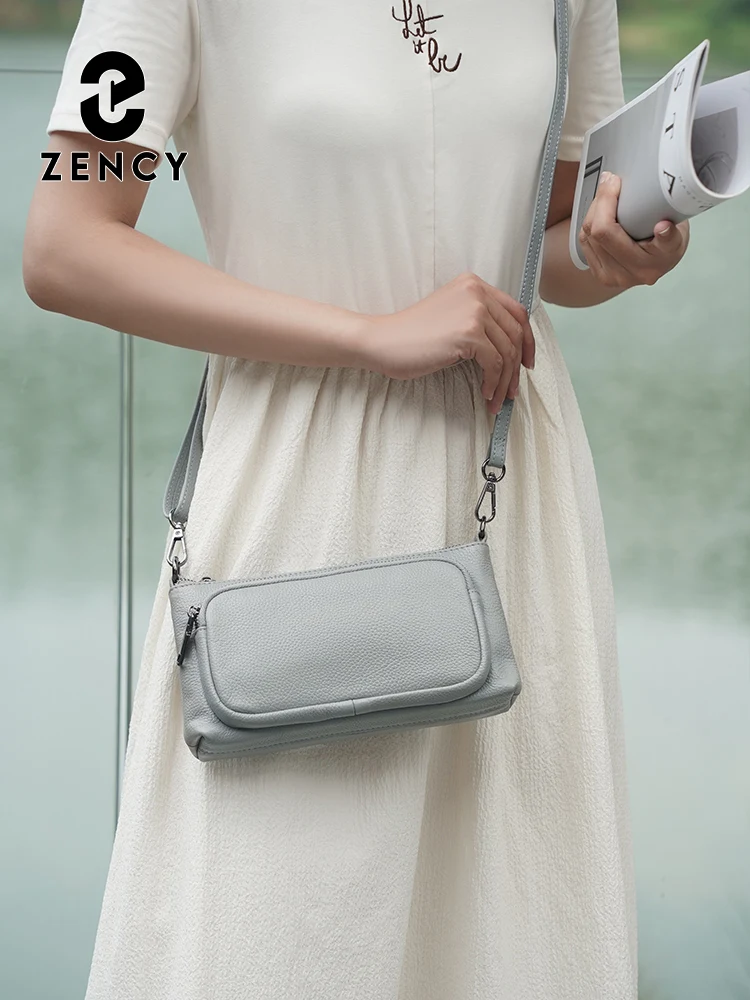 Zency Women's Taro Purple Grey Genuine Cowhide Leather Shoulder Bag Crossbody Multi-pocket Handbag Designer Satchel Purse