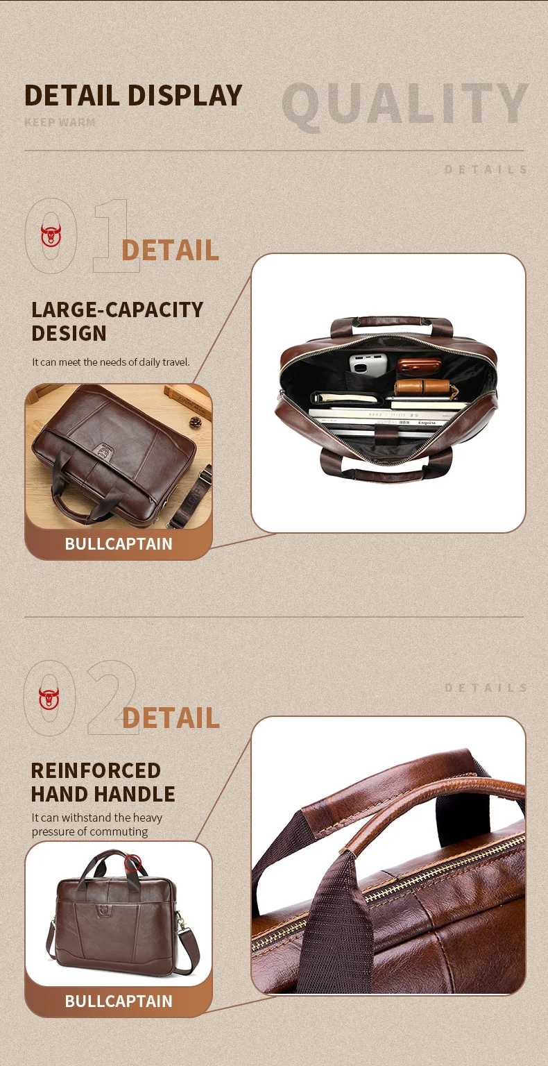 BULLCAPTAIN Men's Briefcase Bag Top Layer Leather Handcrafted Laptop Bag with Multiple Compartments Business Shoulder Messenger