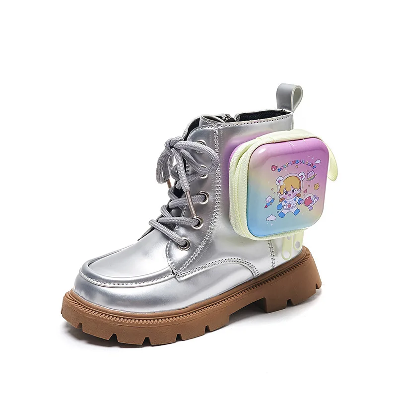 Bottes à plateforme coordonnantes en cuir verni pour enfants, chaussures pour filles, sac à fermeture éclair, bottes de rinçage, semelle souple,