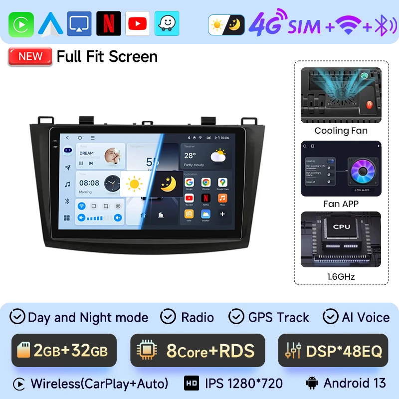 JIUYIN 2 Din Autoradio voor Mazda 3 2009 2010 2011 2012 2013 Android 13 Multimedia Speler 4G GPS Navigatie Carplay DVD Head Unit