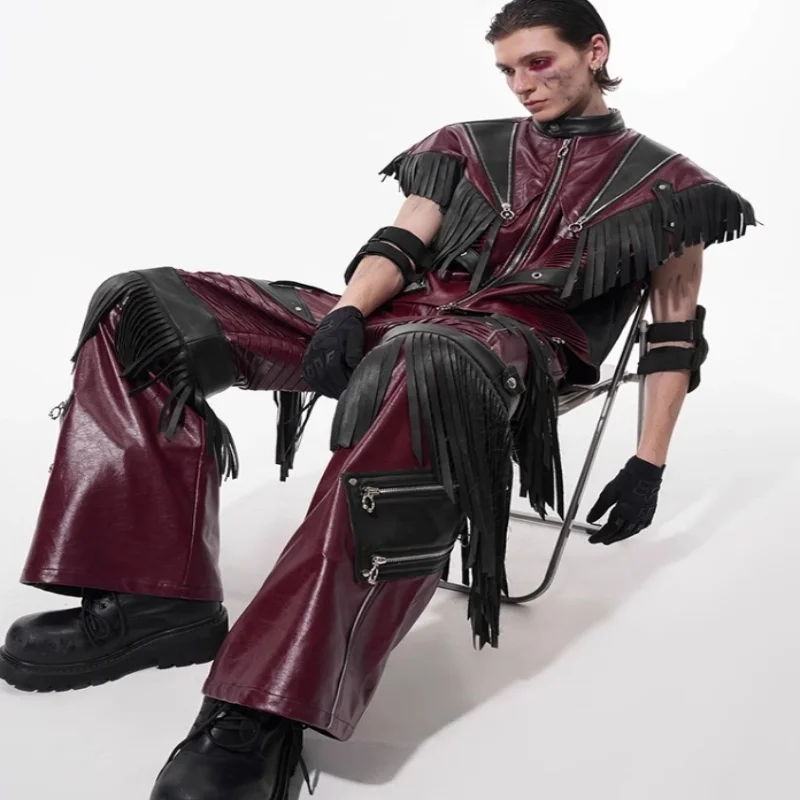 

Men's Red Red PU Leather Pants Tassel Splicing Punk Functional Casual Leather Pants Splicing Sleeveless Leather Waistcoat Coat