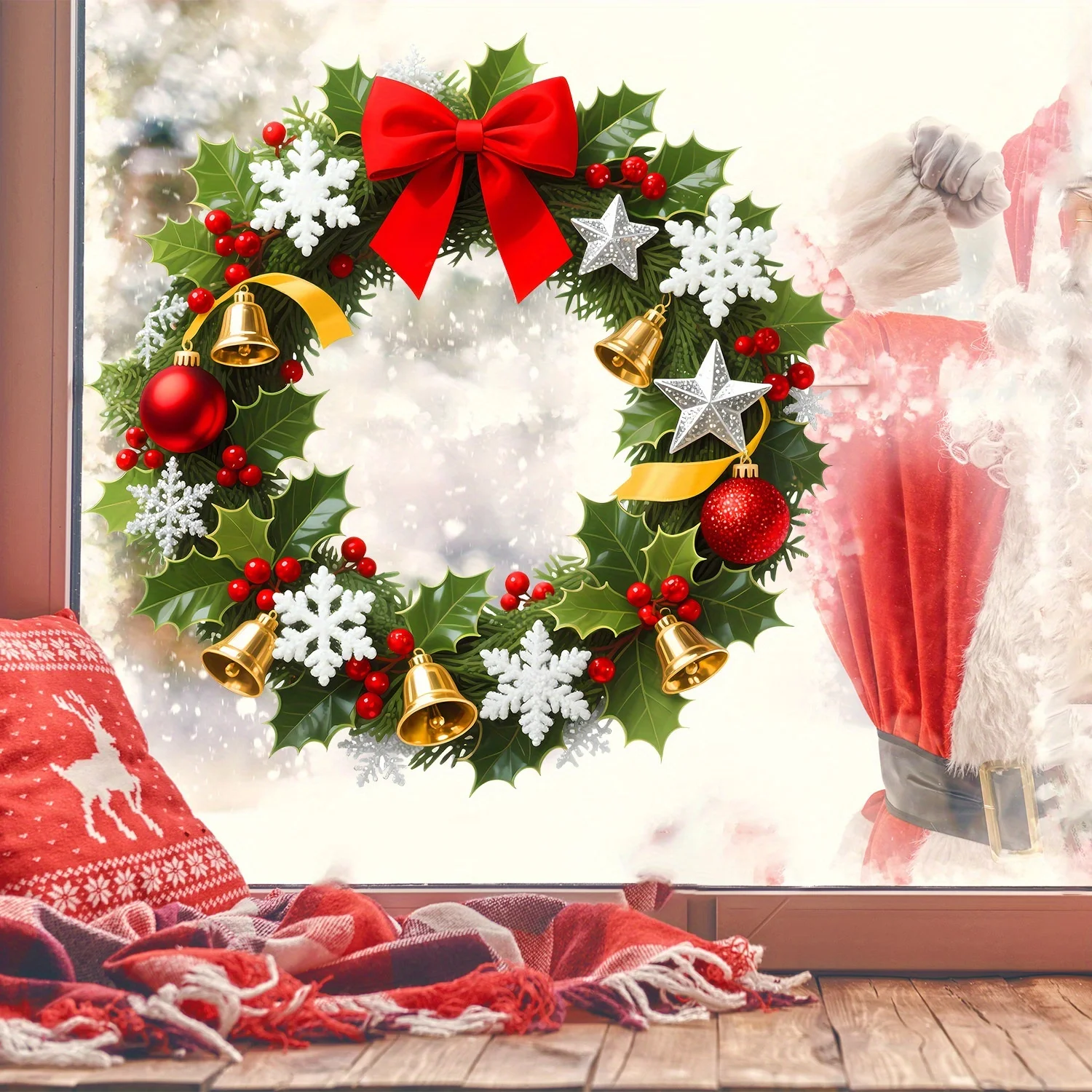 1 Stück Weihnachtskranz, statisch haftend, mit roter Schleife, goldene Glocken, Schneeflocken, Fenster, Türspiegel, Aufkleber, wasserdicht, für Zuhause und Büro