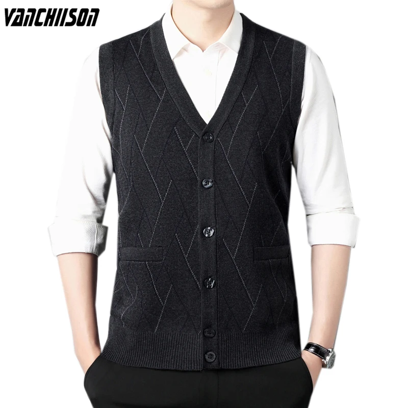 

Men Wool Knit Vest Buttons Down Cardigan Sleeveless Basic Thick for Autumn Winter 3D Pattern Vintage Casual Male Fashion 00247