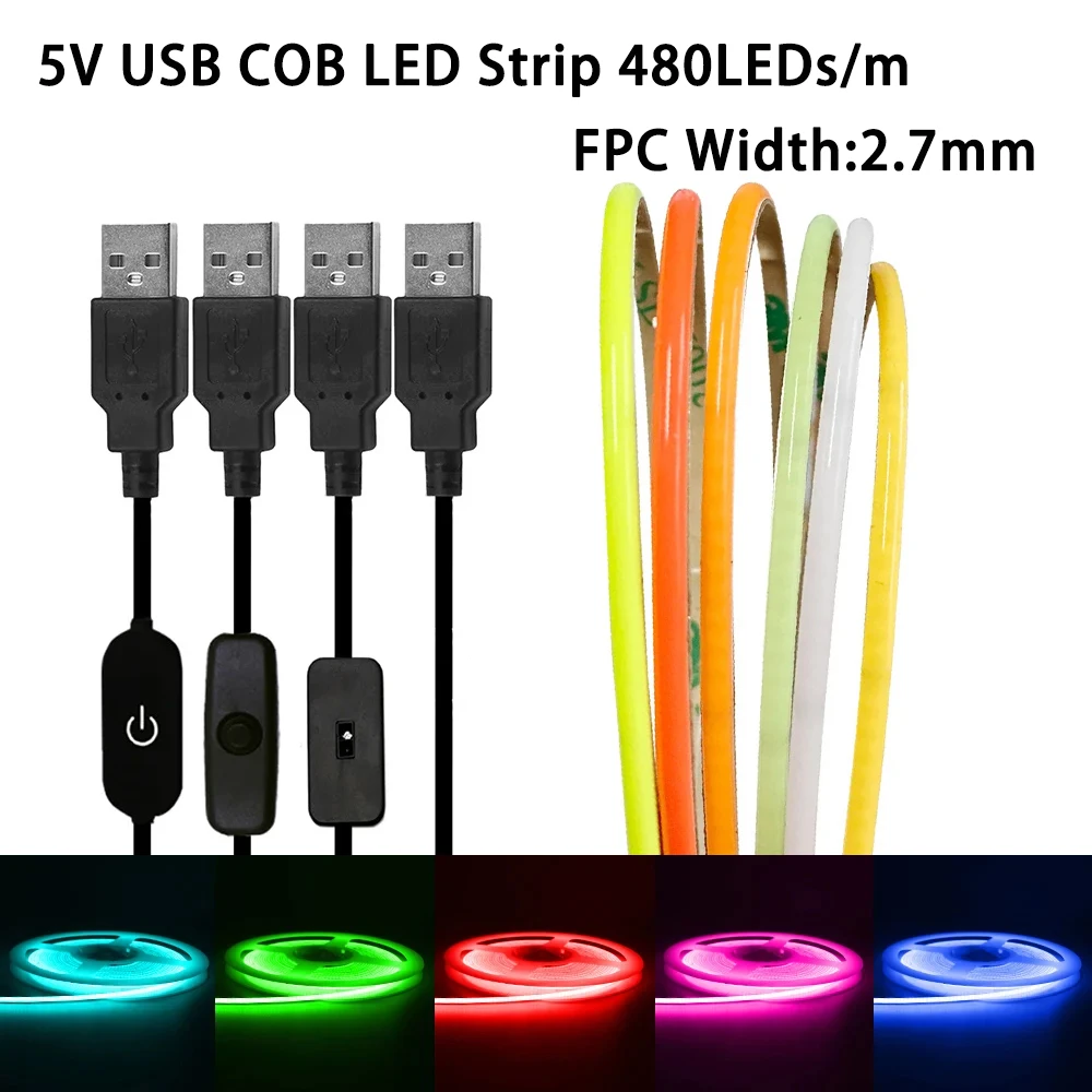 5V USB Super Slim 2.7mm FPCB width COB LED Strip Light 480LED/m High Density Linear Lighting Warm Cool White Room Decor