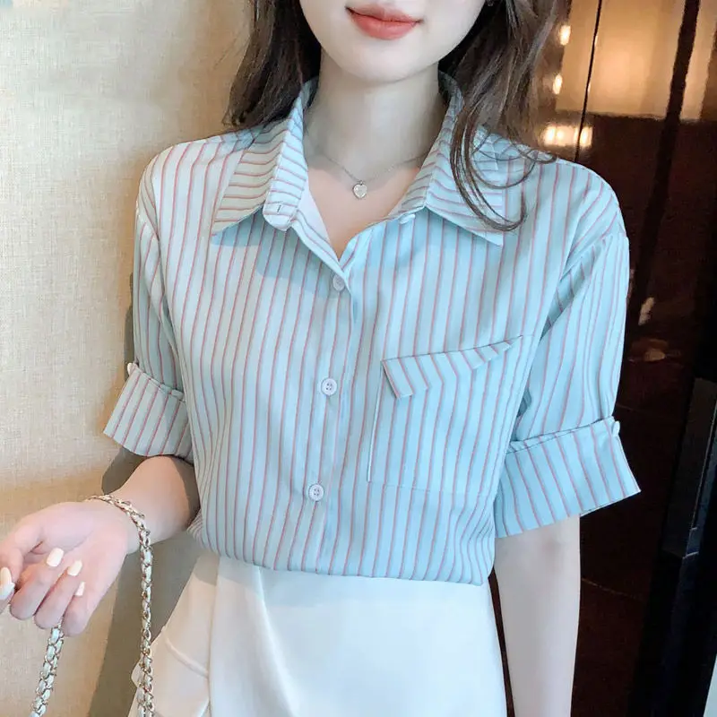 Striped Shirt Women\'s 2024 Summer New Polo Collar Personalized Unique Chiffon Shirt Fashion Loose Office Lady All-match Bright